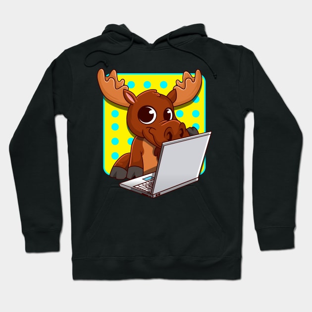 Canadian Moose With A Laptop Cute Moose Merchandise Hoodie by Proficient Tees